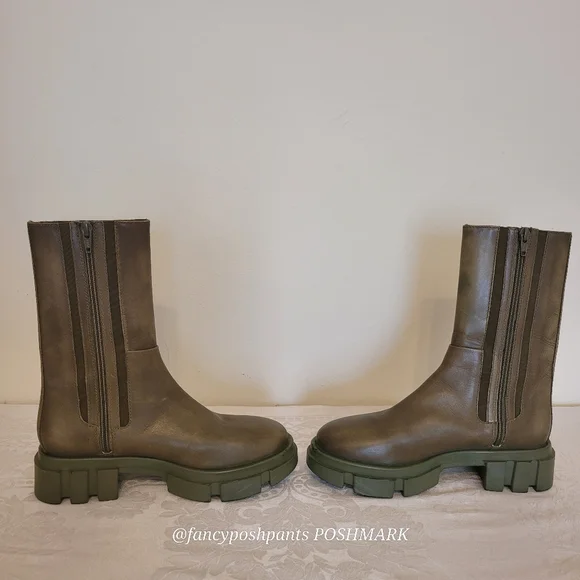 new!FREE PEOPLE olive green soft leather combat boot lug sole zipper elastic lux - Picture 11 of 17
